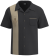 Short-sleeved charcoal bowling shirt with a tan contrast panel and traditional Tiki mask embroidery, featuring a classic retro notched collar