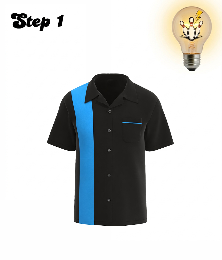 Step 1: Custom bowling shirt idea with glowing lightbulb showing bowling pins and lightning design