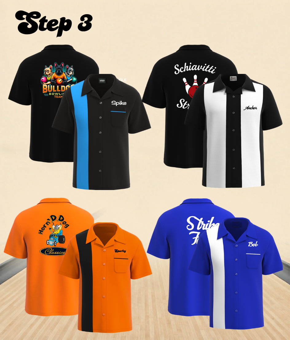 Step 3: Team wearing USA-made custom bowling shirts on the lanes