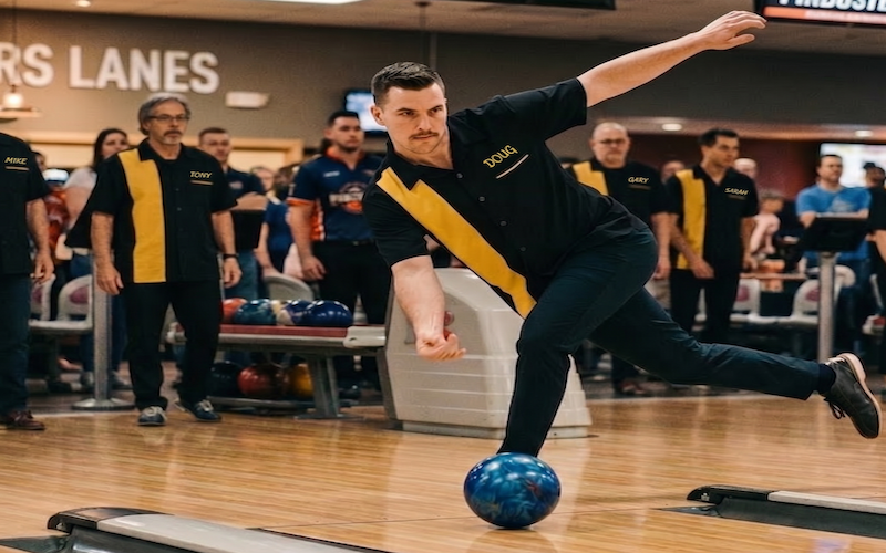 Bowler in motion wearing a great fitting shirt