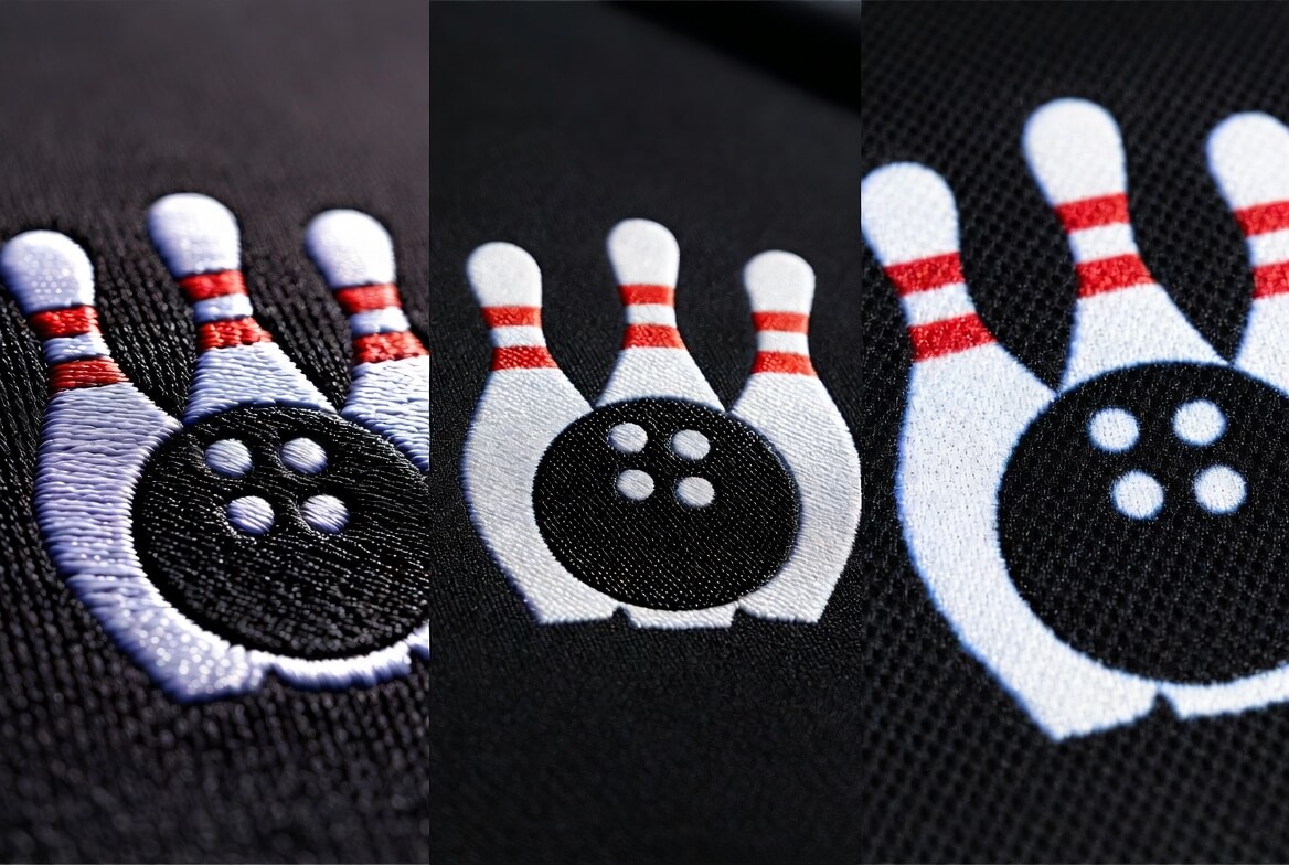 Side-by-side comparison of custom bowling shirt decorating techniques showing classic embroidery, modern DTF printing, and dye sublimation.